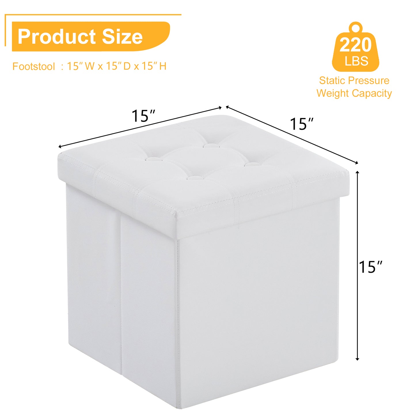 Footstool White Foldable Storage PVC MDF 38x38x38cm