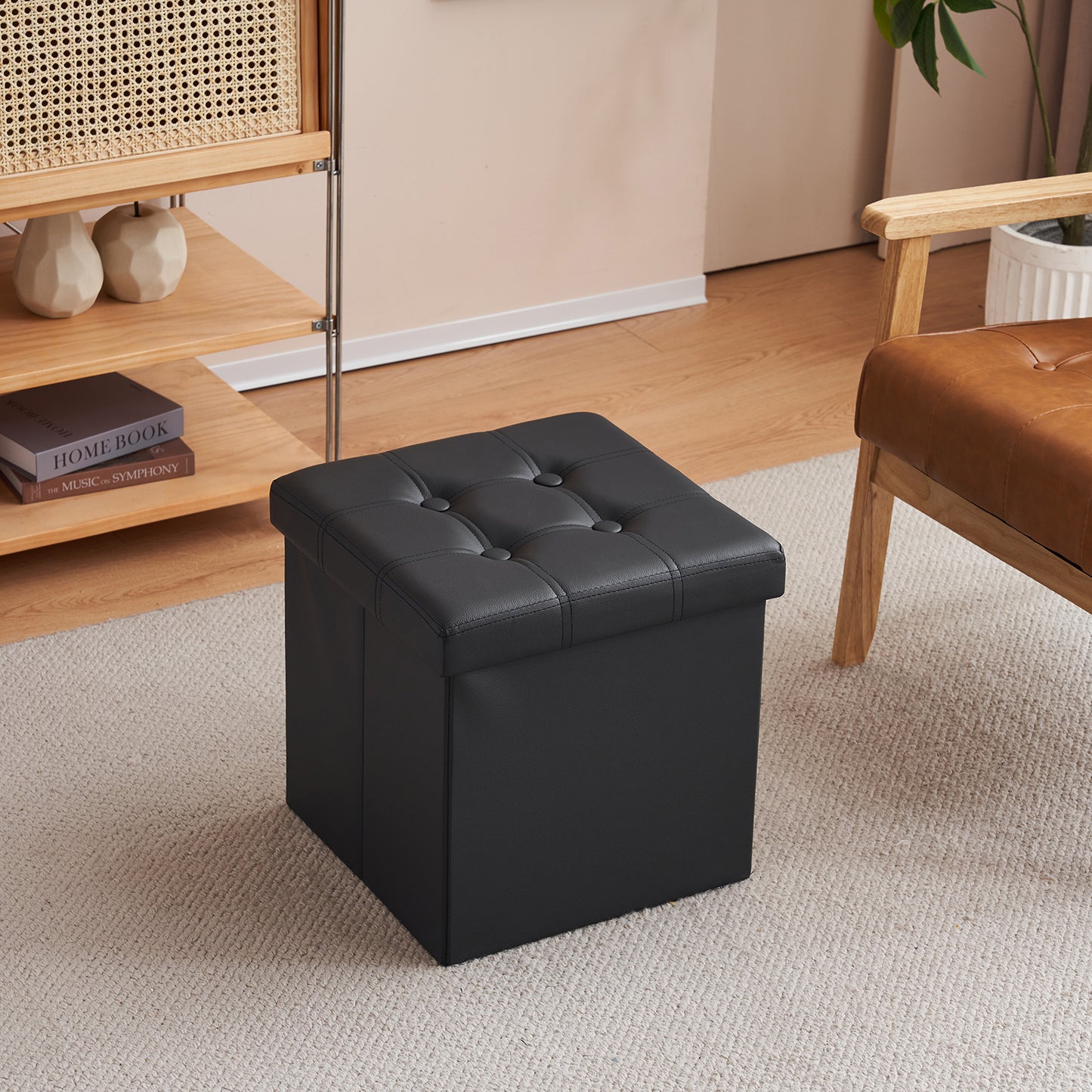 Footstool Storage Foldable PVC MDF Black 38 x 38 x 38 cm