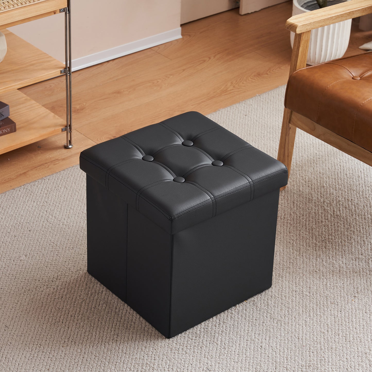 Footstool Storage Foldable PVC MDF Black 38 x 38 x 38 cm