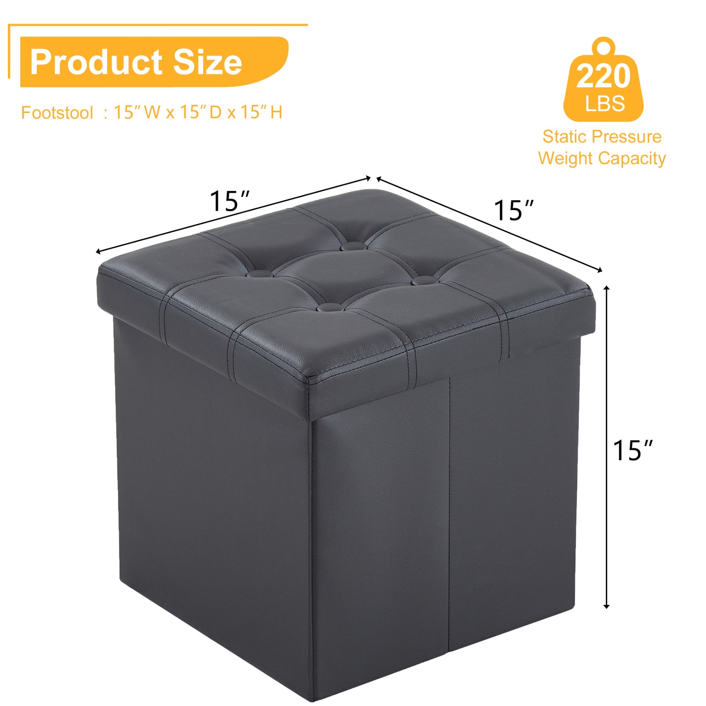 Footstool Storage Foldable PVC MDF Black 38 x 38 x 38 cm