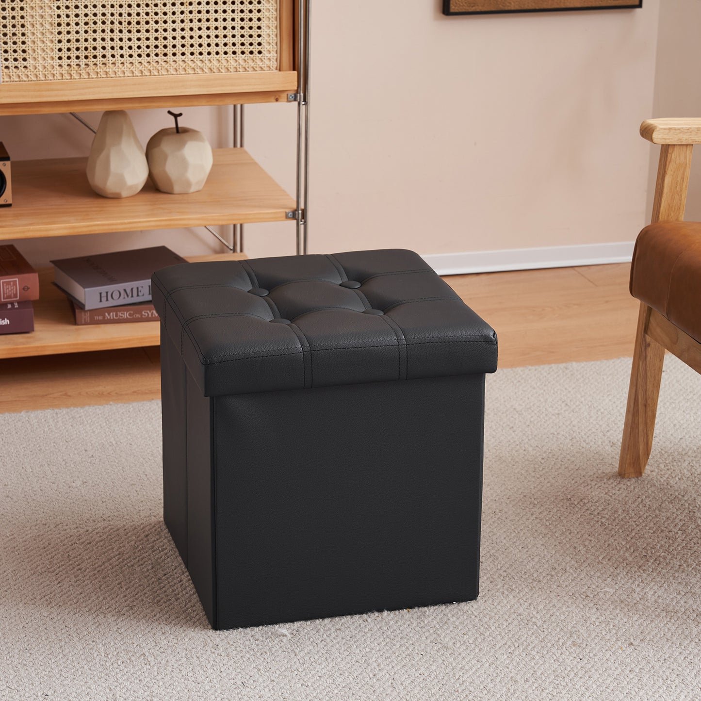 Footstool Storage Foldable PVC MDF Black 38 x 38 x 38 cm