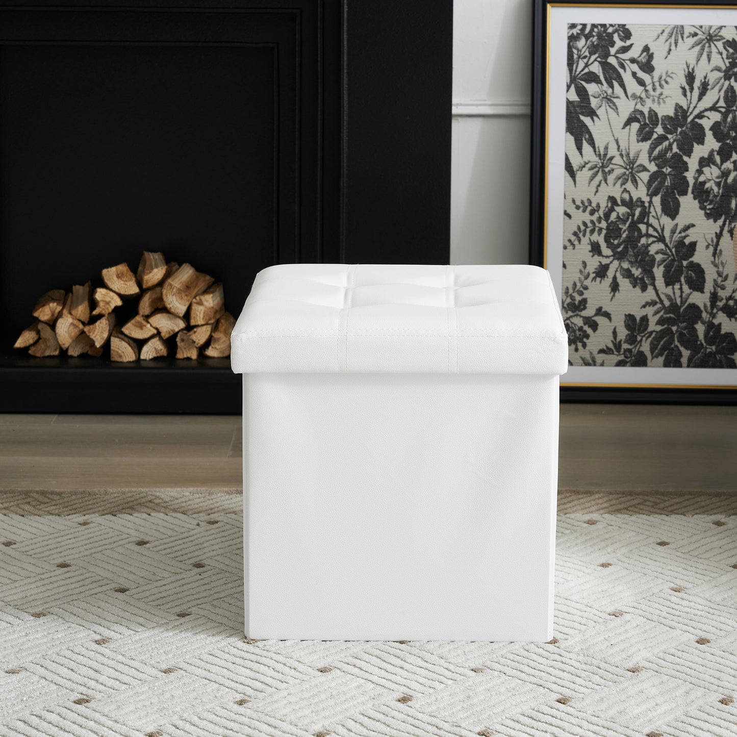 Footstool White Foldable Storage PVC MDF 38x38x38cm