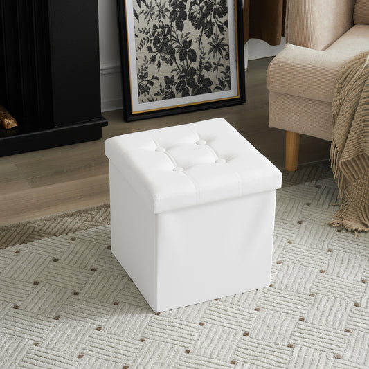 Footstool White Foldable Storage PVC MDF 38x38x38cm