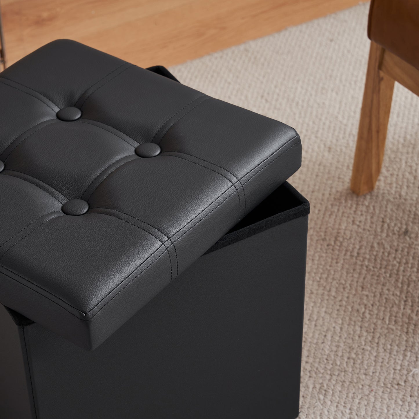 Footstool Storage Foldable PVC MDF Black 38 x 38 x 38 cm