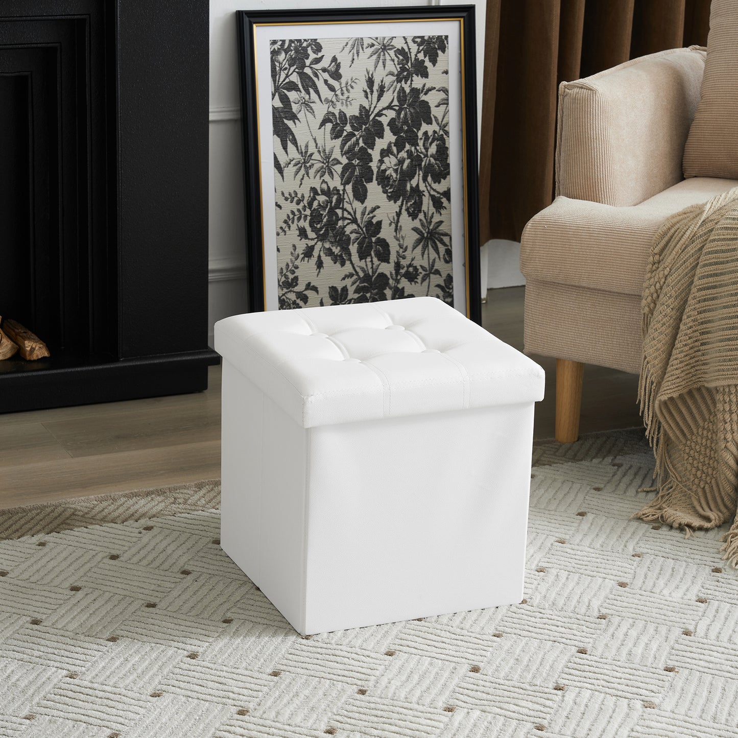 Footstool White Foldable Storage PVC MDF 38x38x38cm