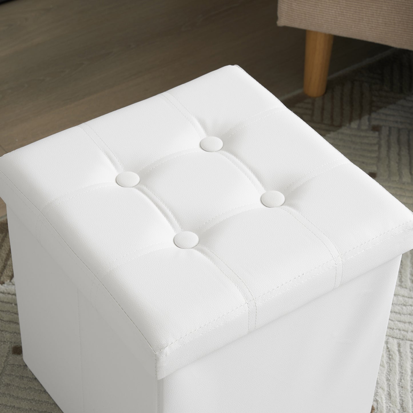 Footstool White Foldable Storage PVC MDF 38x38x38cm