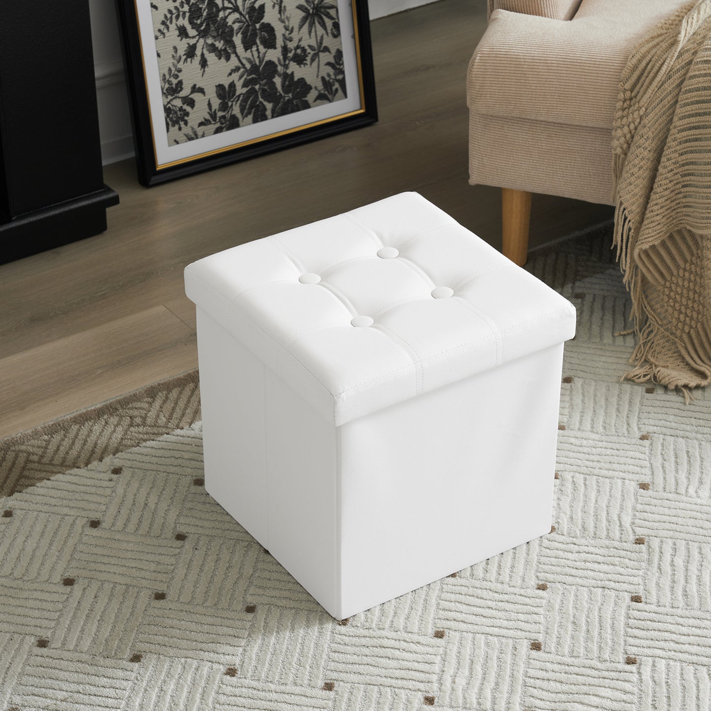 Footstool White Foldable Storage PVC MDF 38x38x38cm