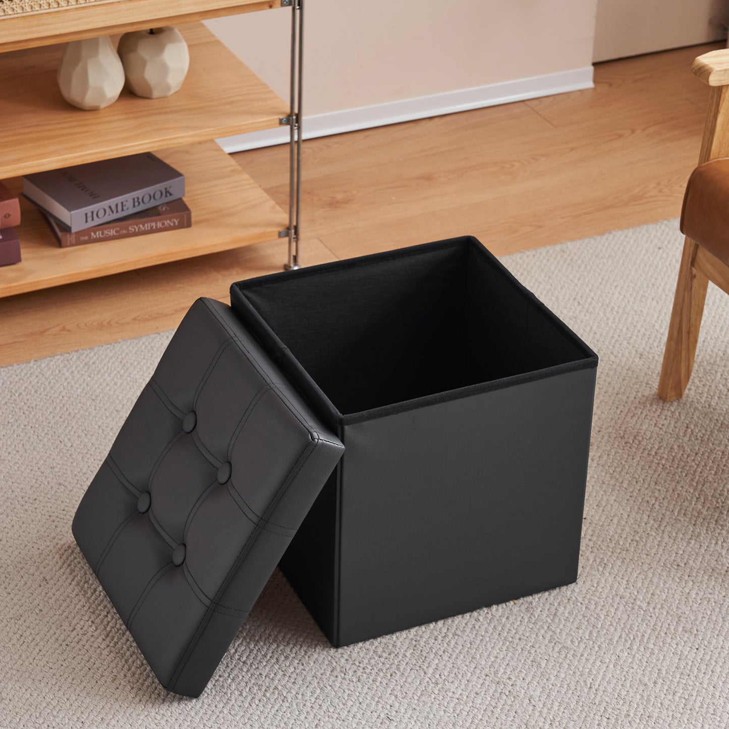 Footstool Storage Foldable PVC MDF Black 38 x 38 x 38 cm