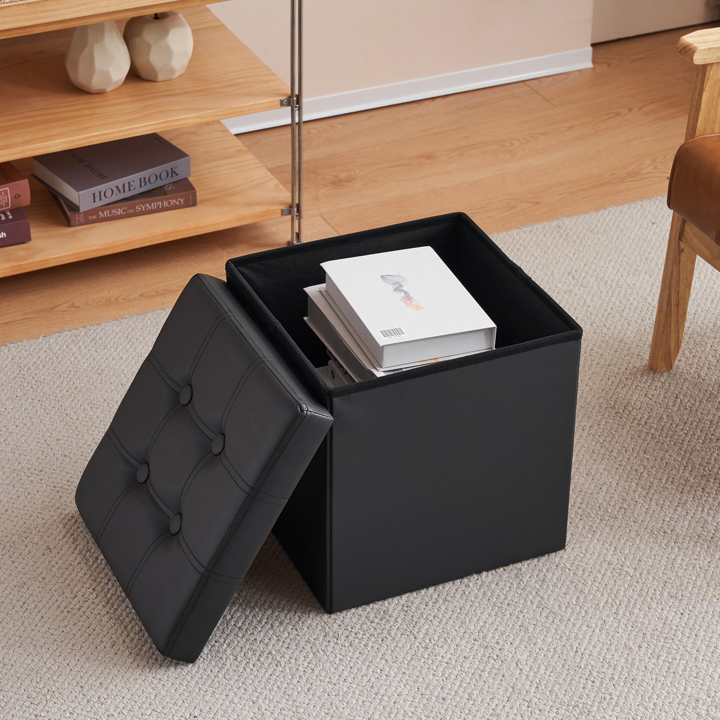 Footstool Storage Foldable PVC MDF Black 38 x 38 x 38 cm