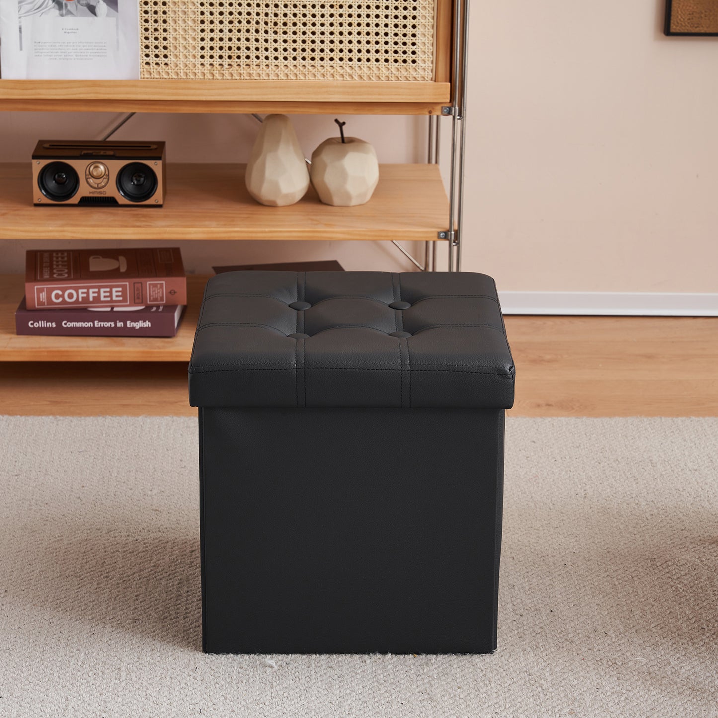 Footstool Storage Foldable PVC MDF Black 38 x 38 x 38 cm