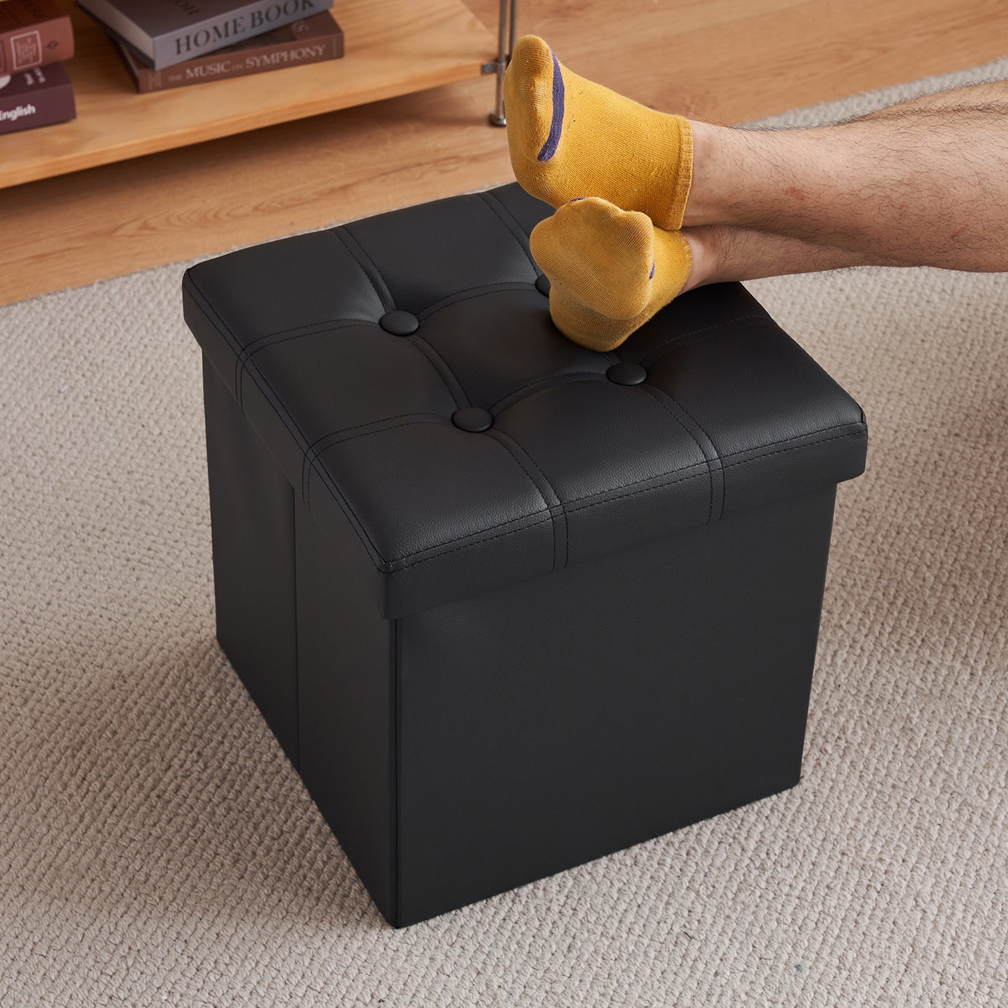 Footstool Storage Foldable PVC MDF Black 38 x 38 x 38 cm