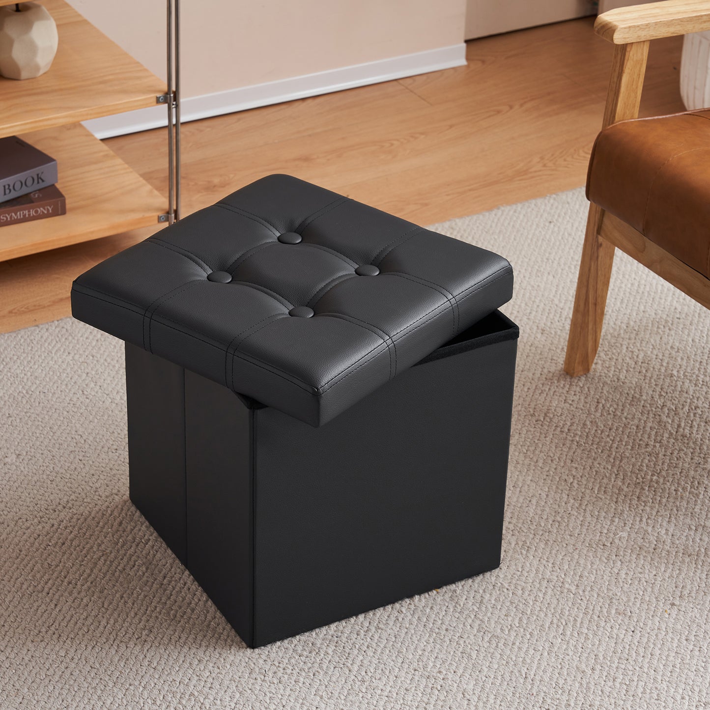 Footstool Storage Foldable PVC MDF Black 38 x 38 x 38 cm