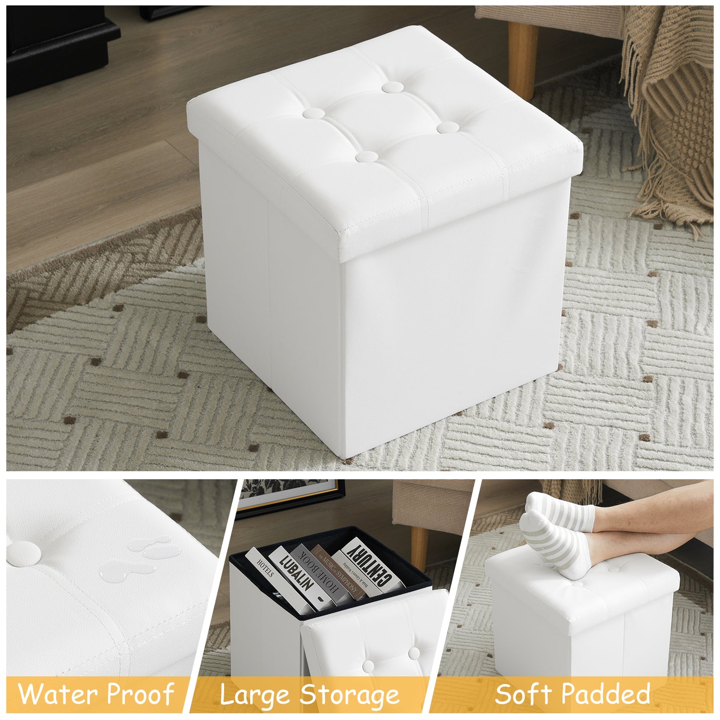 Footstool White Foldable Storage PVC MDF 38x38x38cm