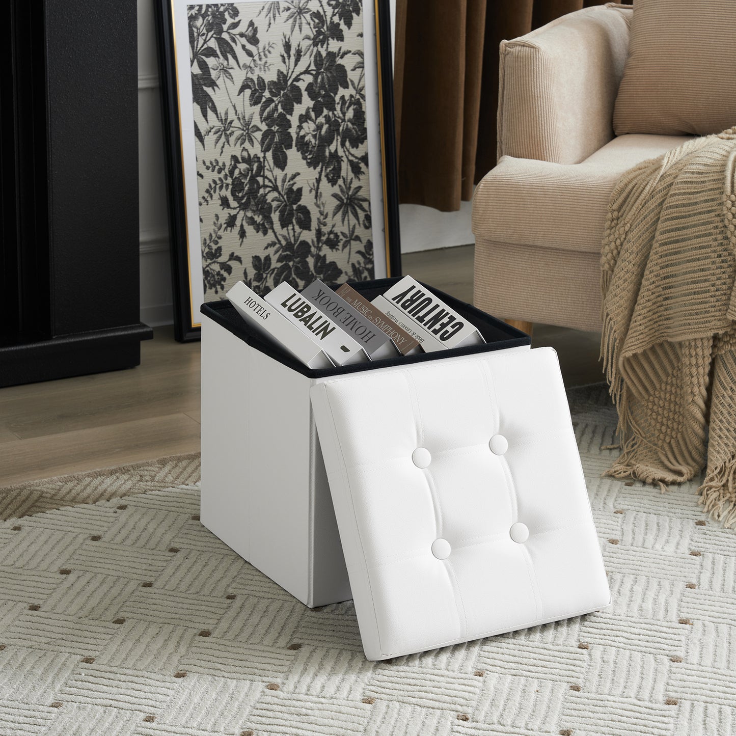 Footstool White Foldable Storage PVC MDF 38x38x38cm