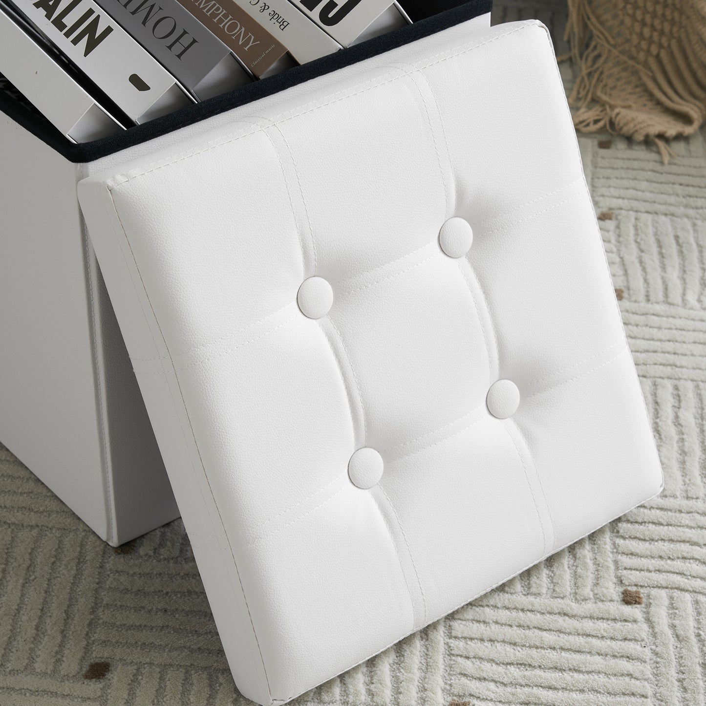 Footstool White Foldable Storage PVC MDF 38x38x38cm