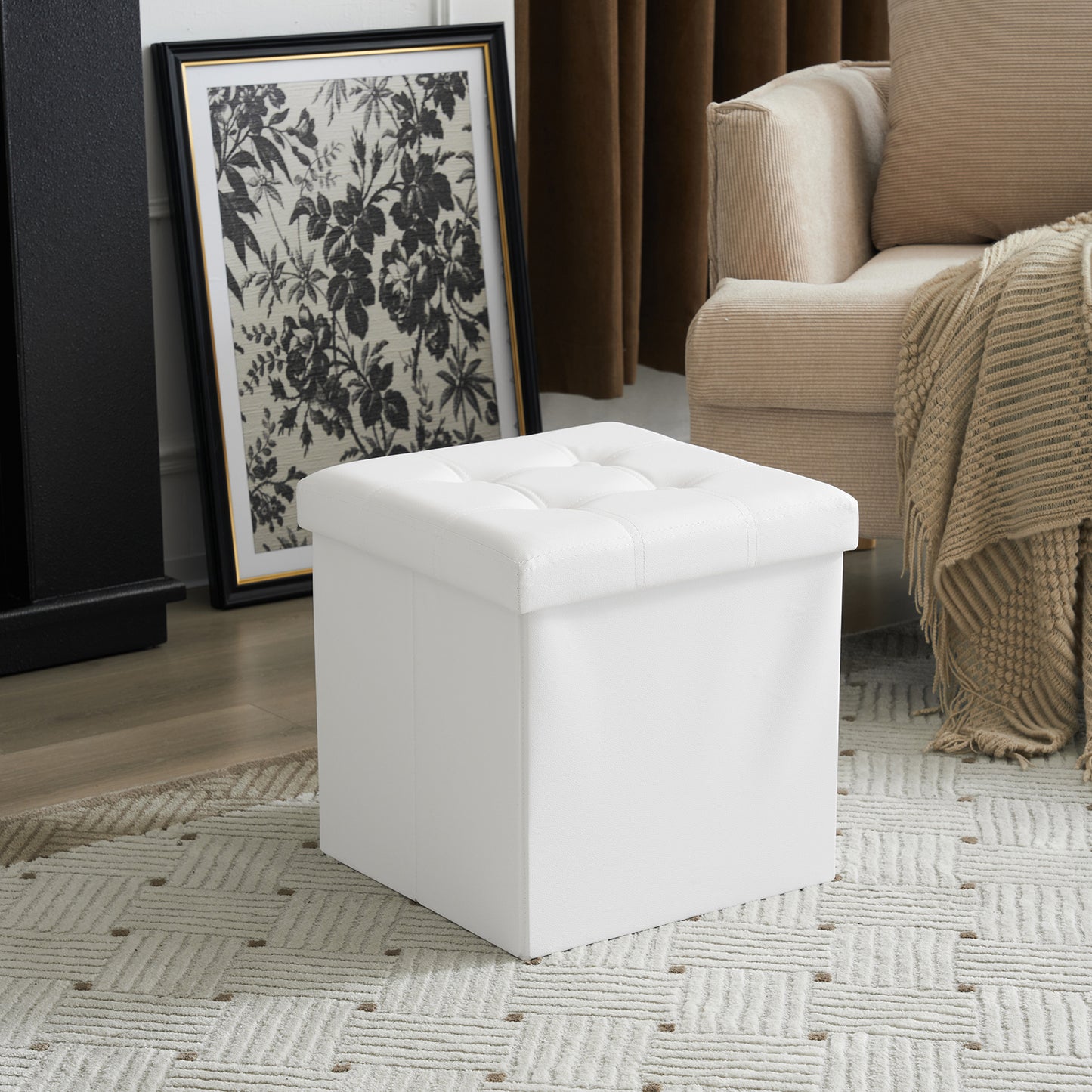 Footstool White Foldable Storage PVC MDF 38x38x38cm