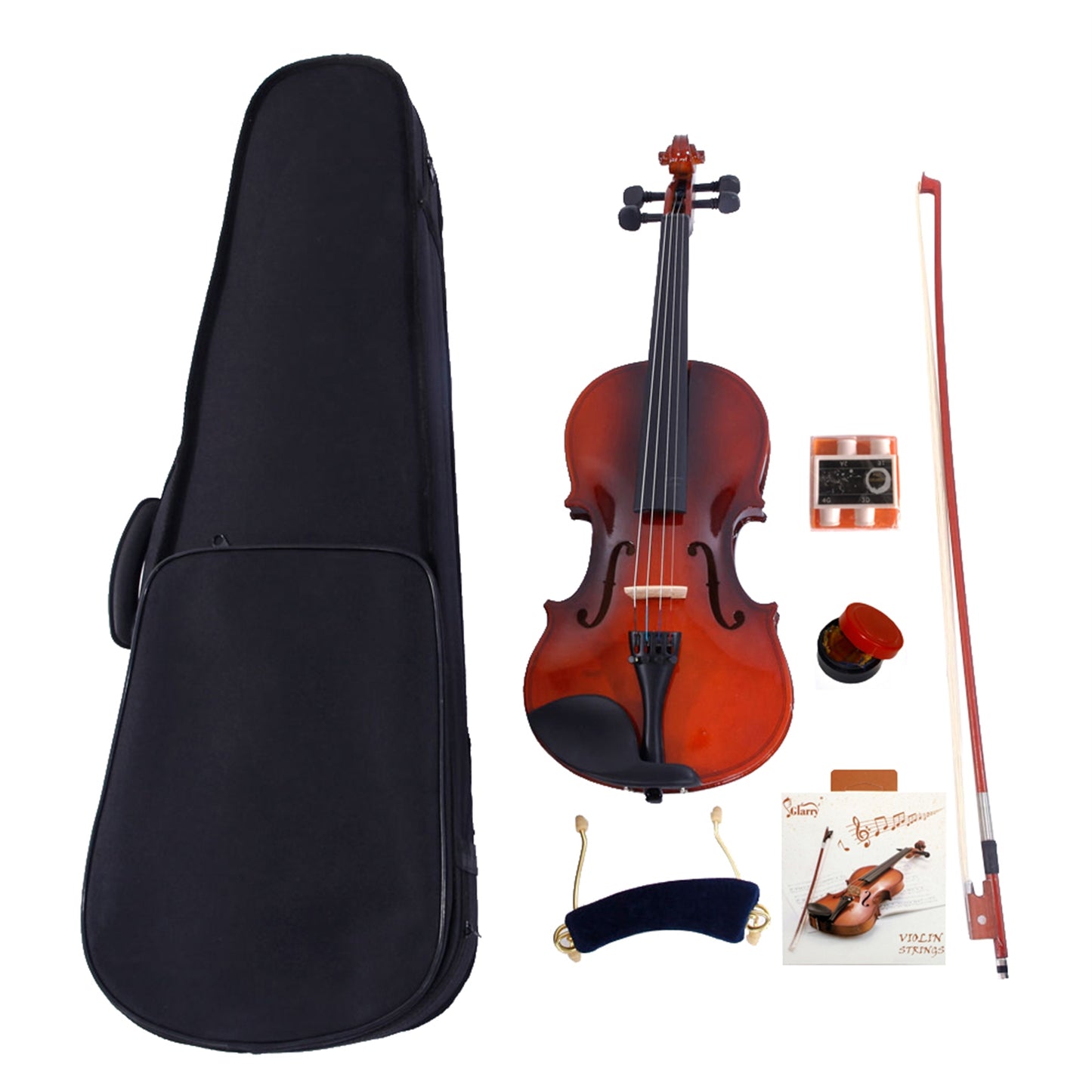 Acoustic Violin Full size Kit Case Bow Rosin Strings Tuner Shoulder Rest Glarry