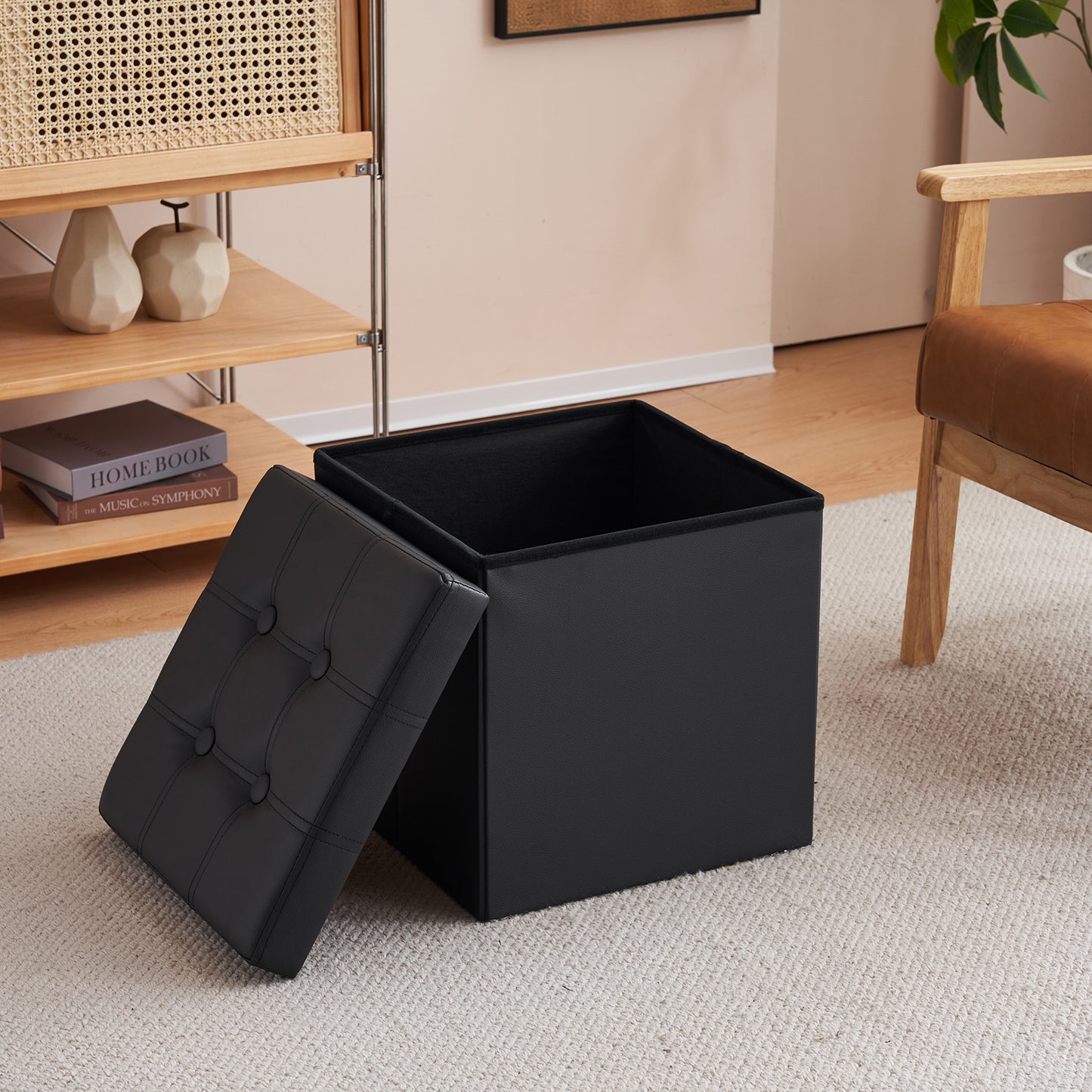 Footstool Storage Foldable PVC MDF Black 38 x 38 x 38 cm