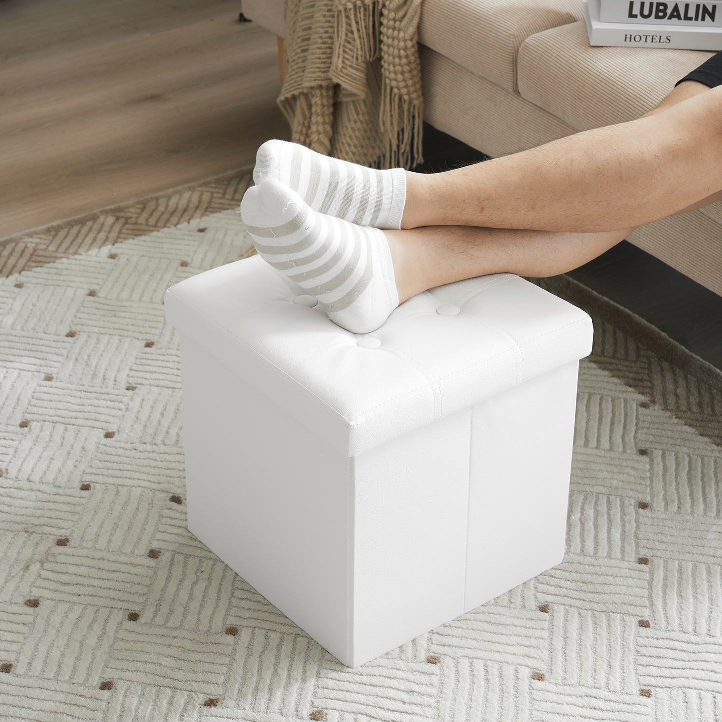 Footstool White Foldable Storage PVC MDF 38x38x38cm