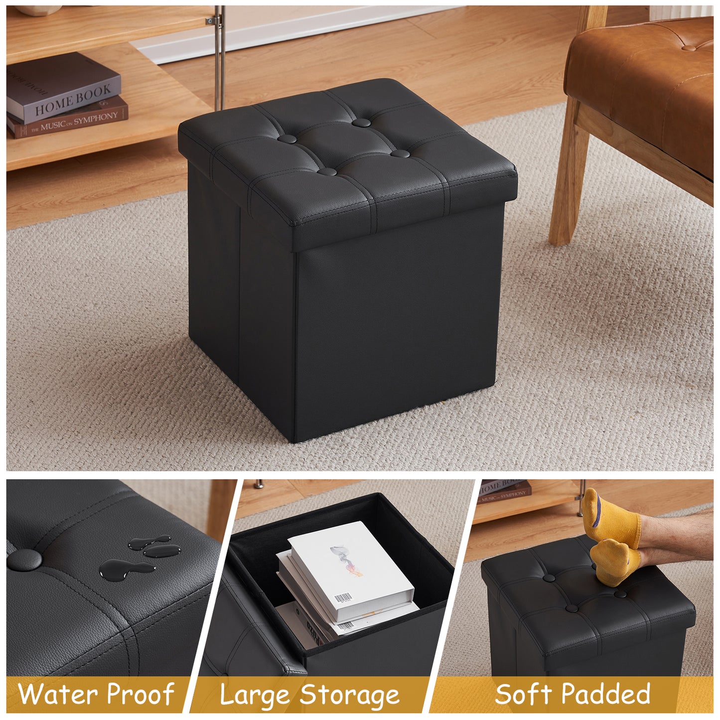 Footstool Storage Foldable PVC MDF Black 38 x 38 x 38 cm