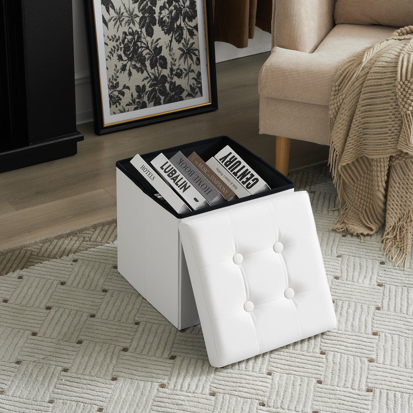 Footstool White Foldable Storage PVC MDF 38x38x38cm