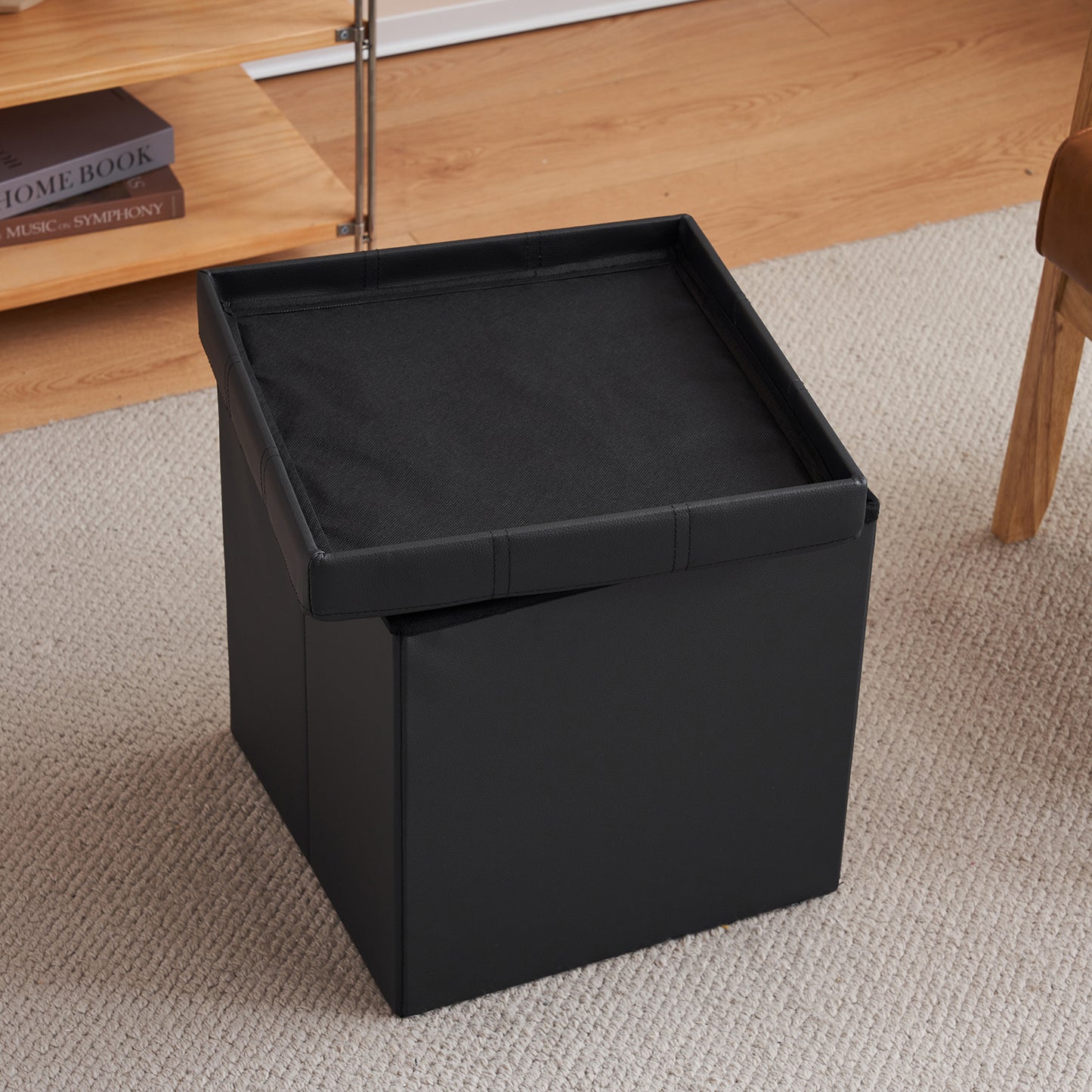 Footstool Storage Foldable PVC MDF Black 38 x 38 x 38 cm